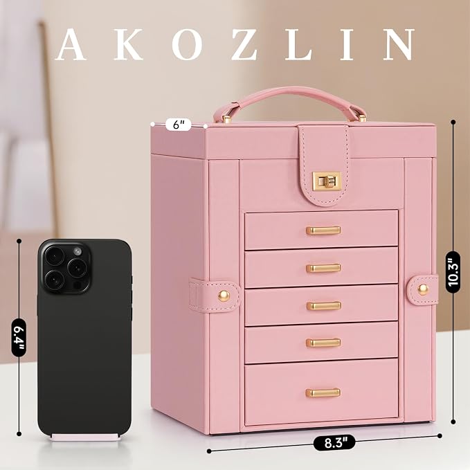 AKOZLIN 6-Tier Jewelry Box Organizer Functional 5 Drawers Leather Jewelry Storage Case for Women Girls Ring Necklace Earring Bracelet Holder Organizer with Mirror Light Pink Regular - Image 4