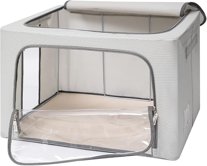 CYhom 3Pack Frame Storage Box - Clothes Storage Bin Bags Oxford Fabric Foldable Stackable Container Organizer Set with Clear Window & Carry Handles (Grey, X-Small-36L) - Image 8