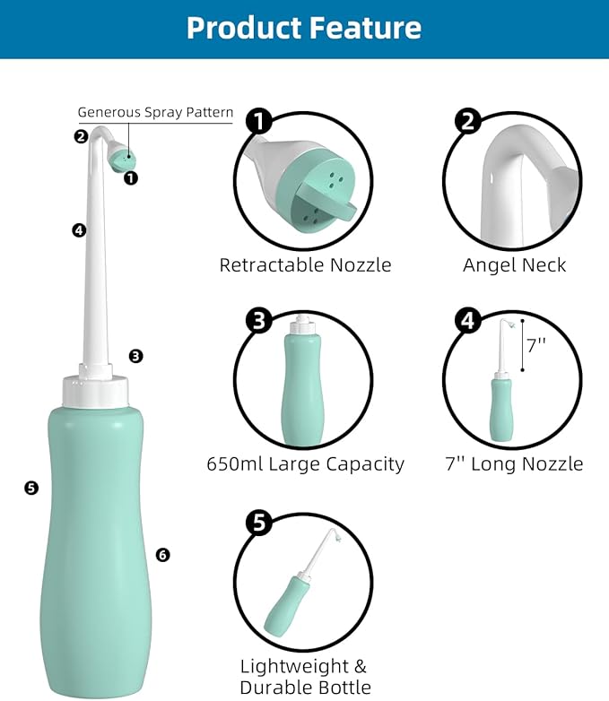 Hibbent Portable Bidet Sprayer and Travel Bidet with Hand Held Bottle for Personal Cleansing, Extended Nozzle Spray for Childbirth, Personal Hygiene, Outdoor, Camping with Travel Bag- 22oz/ Green