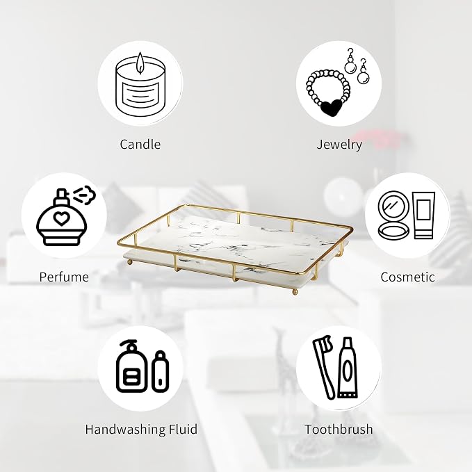 Dobbyby Vanity Tray Makeup Organizer Cosmetics Storage Bathroom Skincare Organizer Countertop Display Rack in Dresser Stainless Steel Shelf Marble Print Ceramic Trays - Image 2