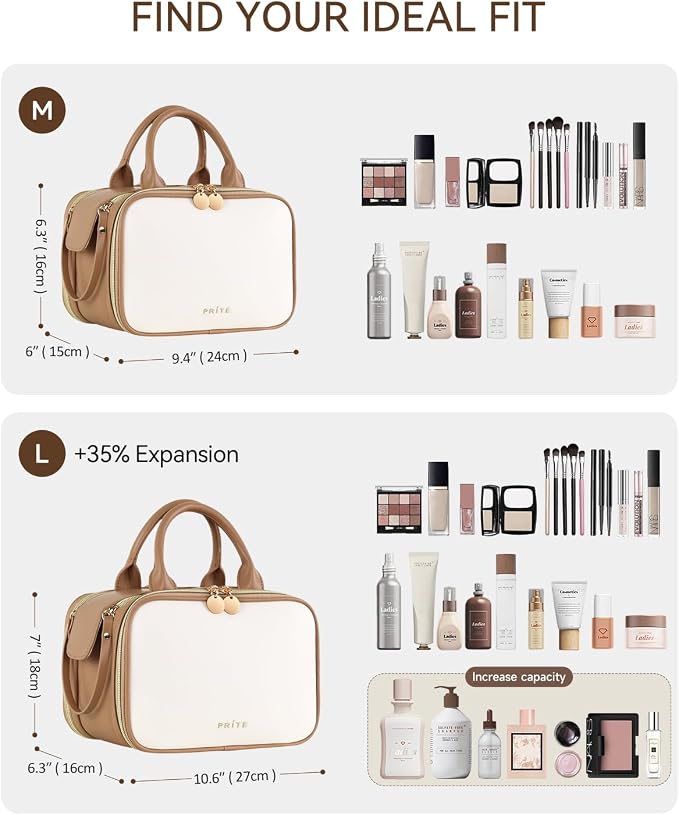 Prite Travel Makeup Bag Women’s Large Capacity Waterproof Cosmetic Organizer Portable Open Flat Toiletry Case with Free-standing Brush Holder and Handle(Beige Brown Medium) - Image 2