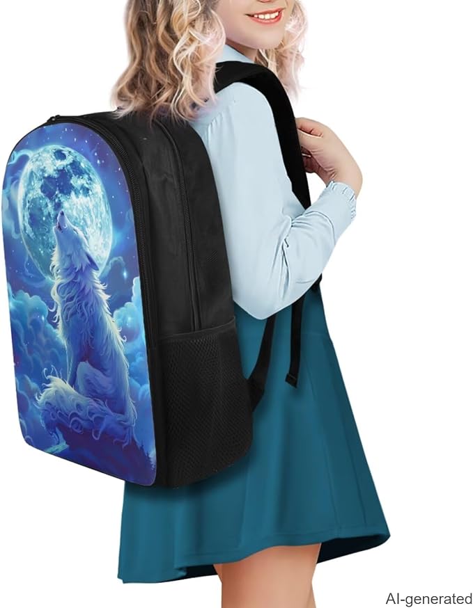 Wolf Backpack for Girls Boys Backpack with Lunch Box Water Bottle Bag and Big Pencil Case 4PCS Set Large Bookbag with Compartments for School 17 inch Lightweight Elementary School Bag for Kids - Image 2