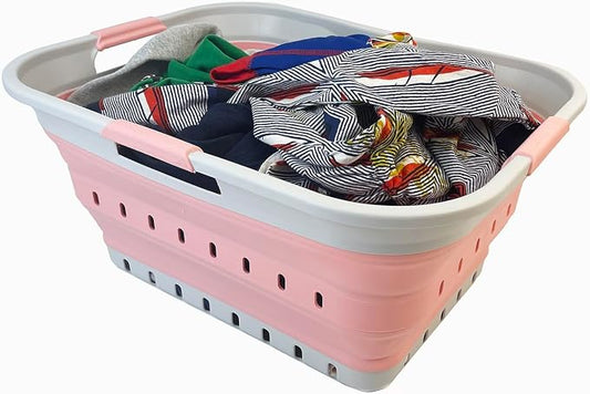 SAMMART 42L (11 gallon) Collapsible Plastic Laundry Basket - Foldable Pop Up Storage Container/Organizer - Space Saving Hamper/Basket (Grey/Quartz Pink) by SAMMART
