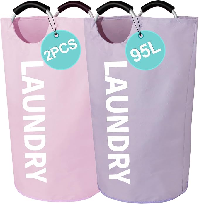 WOOHA Collapsible Laundry Hamper, 95L Large Laundry Basket with Handle, 600D Oxford Fabric Dirty Clothes Hamper, Standing Clothes Basket for Bathroom, Dorm, Laundry Room, Pink+Purple by WOOHA
