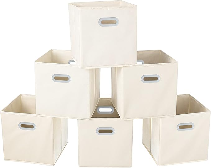 Fabric Cloth Storage Bins,Fabric Cube Organizer with Dual Handles Foldable Cube Storage Baskets for Home Bedroom Storage,Set of 6, Creamy-White by SEVENDOME
