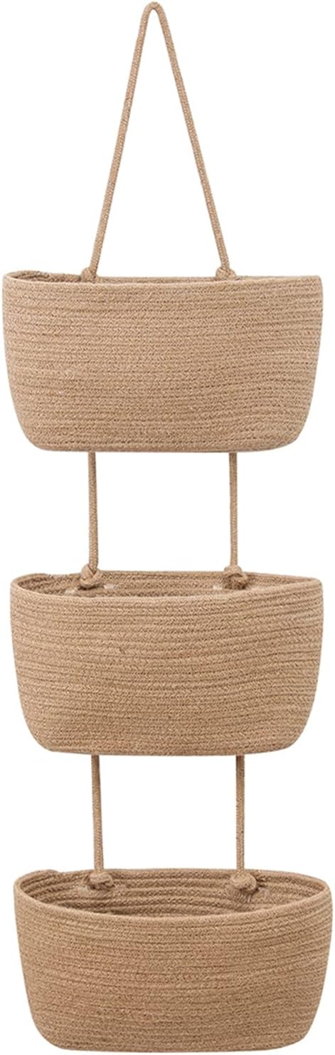 3-Tier Over the Door Hanging Basket, Wall Mount Hanging Storage Organiser Bag, Cotton Rope Woven Storage Solution with Hook, Decorative Hanging Baskets for Bedroom, Living Room, Bathroom, Nursery (B) - Image 4
