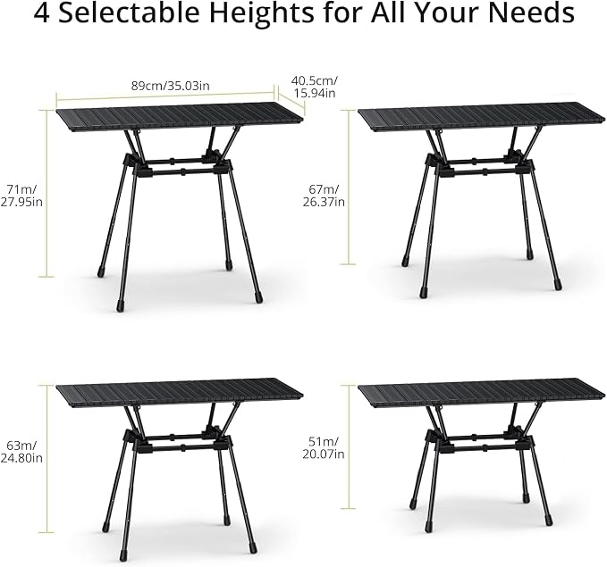 Anbte 3ft Roll Up Camping Table Max 27.5", 4 Adjustable Heights Aluminum Camping Table Foldable Waterproof with Carrying Bag, Lightweight, for Garden Picnic Outdoor Travel Beach, 35” X 16”, Black - Image 2