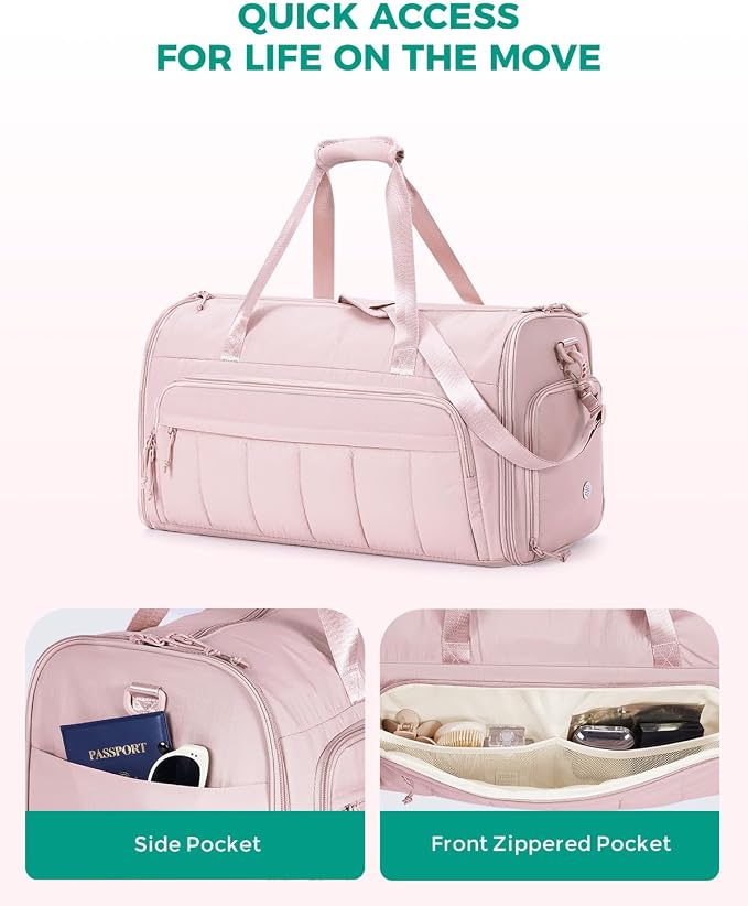 WANDF Convertible Garment Bags for Travel with Wet Pocket Carry on Garment Duffle Bag 2 in 1 Puffy Hanging Clothes Travel Bags with Shoe Compartment for Airplanes Business Weekend Gym Wedding (Pink) - Image 7