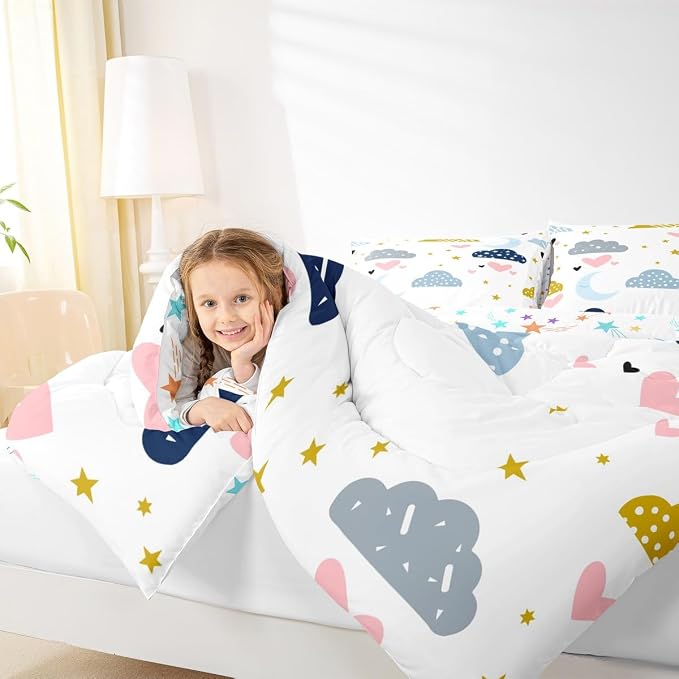 Kawaii Comforter Set With 2 Pillow Cases, Moon Stars Cloud Bedding Set Full Size For Kids Girls Boys Children,Pink Love Heart Quilt Cartoon Rainbow Down Comforter Soft Cozy Lightweight Duvet Insert - Image 6