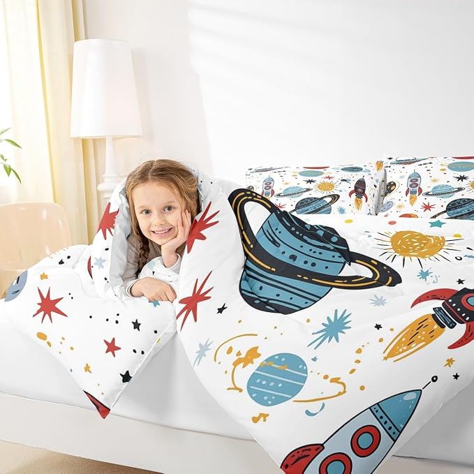 Erosebridal Outer Space Bedding Set King Size Kids Boys Space Ship Rocket Comforter Set Cartoon Universe Stars Planet Down Comforter Cosmos Meteorite Quilt Duvet Set with 2 Pillow Cases - Image 6