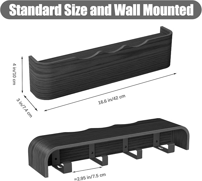 Coat Rack Wall Mount with Shelf 4 Hidden Hooks Modern Wooden Key Holder Entryway Organizer for Hallway Bedroom Bathroom Home Decor Storage for Hanging Coats Hats Bags Towels, Wave-Shape Black - Image 3
