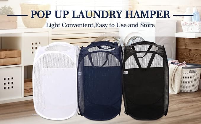 AQQA 9 Pcs Mesh Popup Laundry Hamper Set, Black/White/Blue, Durable Handles, Foldable, Sturdy Mesh Construction, Ideal for Kids, Teens, Adults, College Dorm, Camping, Hotel, Travel (Pack of 2) - Image 5