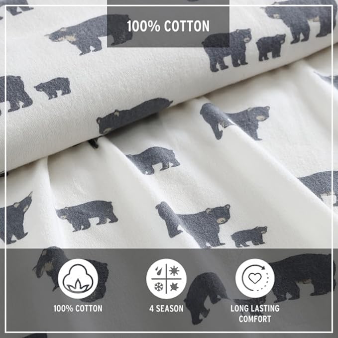 Eddie Bauer - Flannel Sheets Twin Size, Anti-Pilling & Wrinkle Resistant Cotton, Touchably Soft for All-Season Comfort - Bed Sheets with Matching Pillowcase & Fitted Sheet (Bear Family Grey)