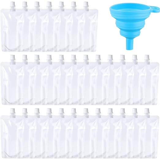 Patelai 150 Pieces Plastic Liquid Pouch Reusable Juice Pouches Travel Water Leak Proof Bags Bulk with Collapsible Silicone Funnel for Travel Outdoor (16 oz) by Patelai