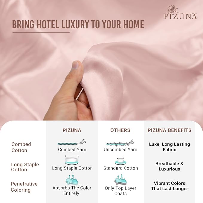 Pizuna Pure 100% Cotton Pillow Shams King Size Set of 2 Light Pink, Luxurious 400 Thread Count Long Staple Cotton Sateen with Envelope Closure (Combed Light Pink Cotton Pillow Shams King) - Image 5