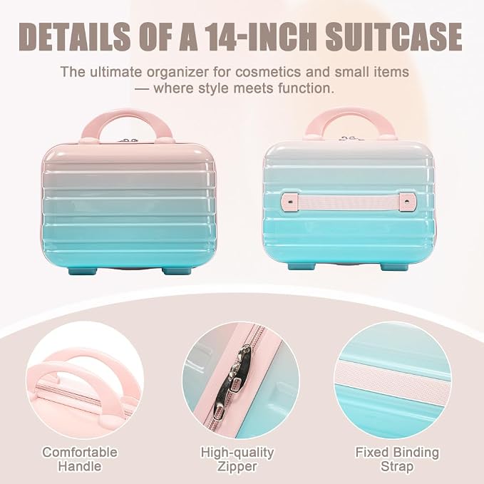 Gradient Color Suitcase 2-Piece Set, 20" Rotating Wheel Suitcase with 14" Cosmetic Case, Lightweight Durable Hardshell Luggage with 360° Spinner Wheels for Travel, Women & Girls (Blue+Pink) - Image 7