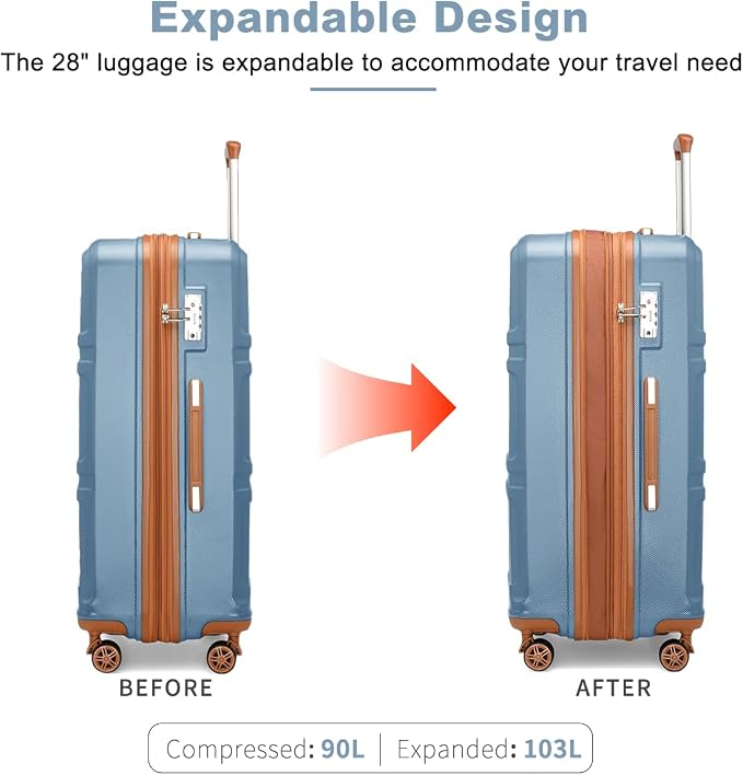 Kono 28 Inch Luggage Expandable Suitcase with Spinner Wheels TSA Lock | Lightweight PC+ABS Hardside Large Checked Luggage Durable Rolling Suitcase Apricot Blue - Image 3
