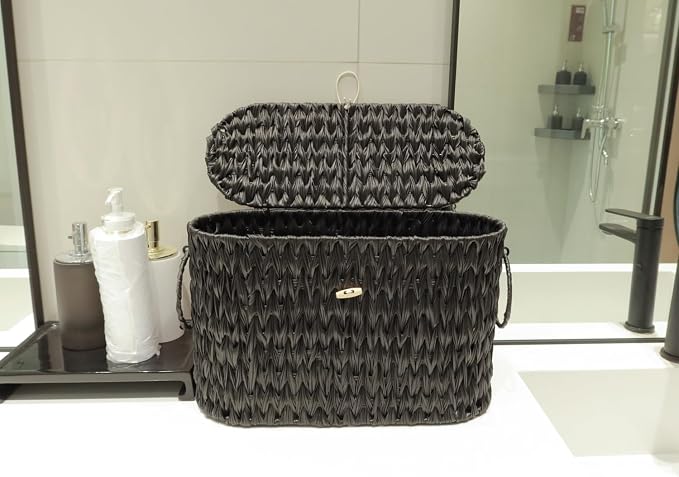Coeusy Black Toilet Paper Basket with Lid,Wicker Toilet Paper Storage Stand,Large Narrow Bathroom Towel Basket Mega Roll Container Bin for Toilet Tank,Floor - Image 9