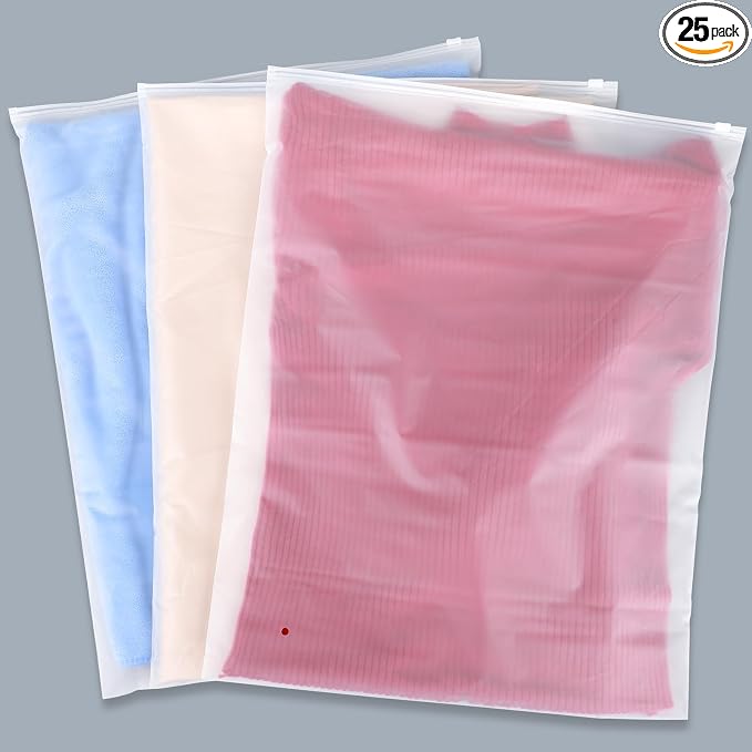 Clothing Bags, 25 Count 16x20 inch Extra Large Frosted Zipper Plastic Bags for Clothes, Sweater Dress, Jeans, Jacket, T Shirt Packaging Shipping, 3 Mil, with Vent Holes by Svaldo