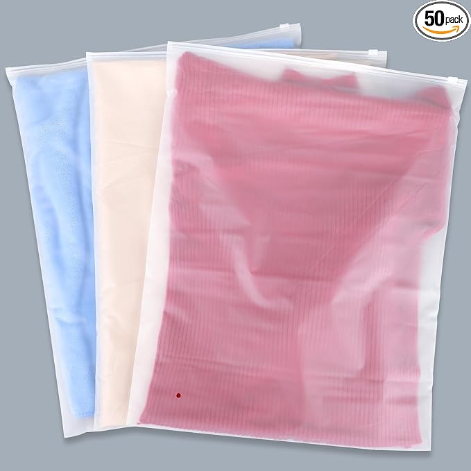 Clothing Bags, 50 Count 16x20 inch Extra Large Frosted Zipper Plastic Bags for Clothes, Sweater Dress, Jeans, Jacket, T Shirt Packaging Shipping, 3 Mil, with Vent Holes by Svaldo