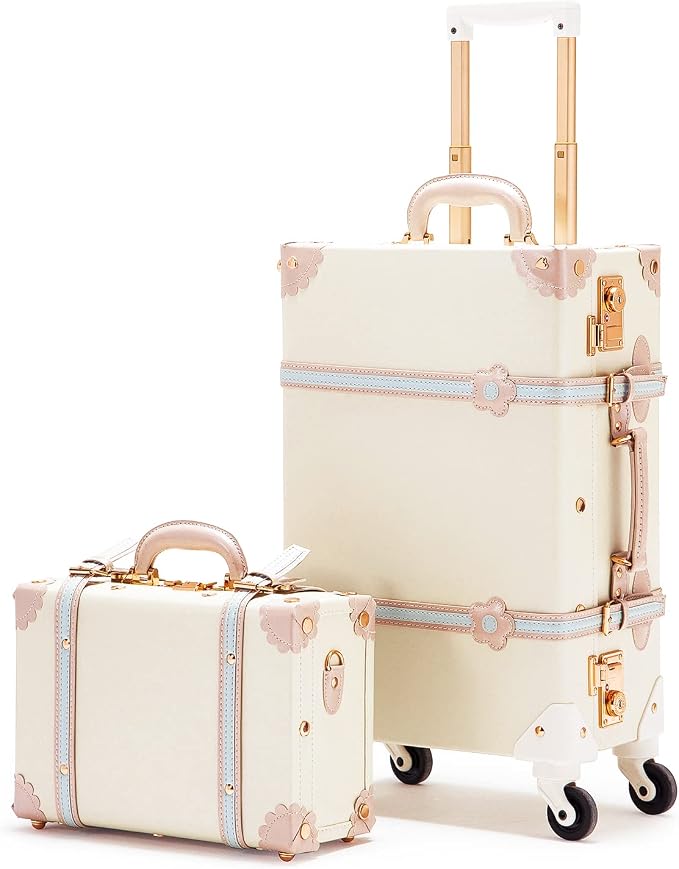 COTRUNKAGE Vintage Suitcases Set on Wheels, 20 Inch White Carry-on Luggage 2 Piece Set with 13" Hard Shell Train Case Womens, Cream White by COTRUNKAGE