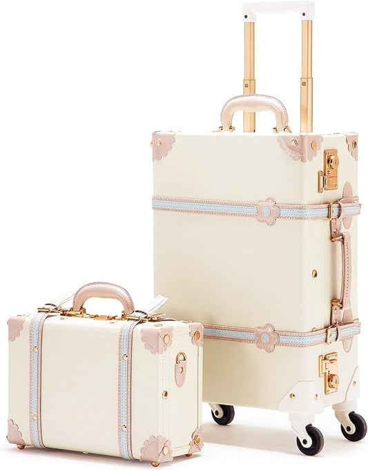 COTRUNKAGE Vintage Suitcases Set on Wheels, 20 Inch White Carry-on Luggage 2 Piece Set with 13" Hard Shell Train Case Womens, Cream White by COTRUNKAGE