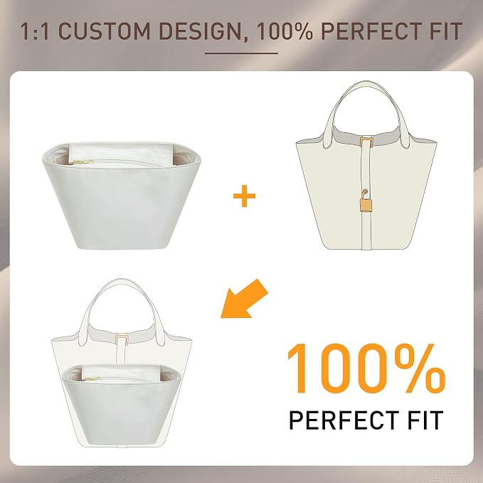 Doxo Satin Fabric Picotin 22 Bag Insert - Premium Purse Organizer for Picotin 22 with Zipper Closure and Keychain, Lightweight & Discreet Inner Liner, Fits Picotin 22 Luxury Totes(PC22, Craie) - Image 3