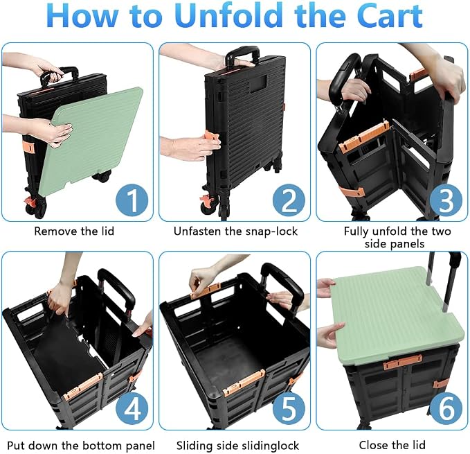 FELICON SELORSS Foldable Utility Cart Folding Portable Rolling Crate-Green | Heavy Duty,Telescoping Handle,4 Rotate Wheels,Collapsible Handcart for Travel Shop Move Luggage Laundry Teacher Office Use - Image 4