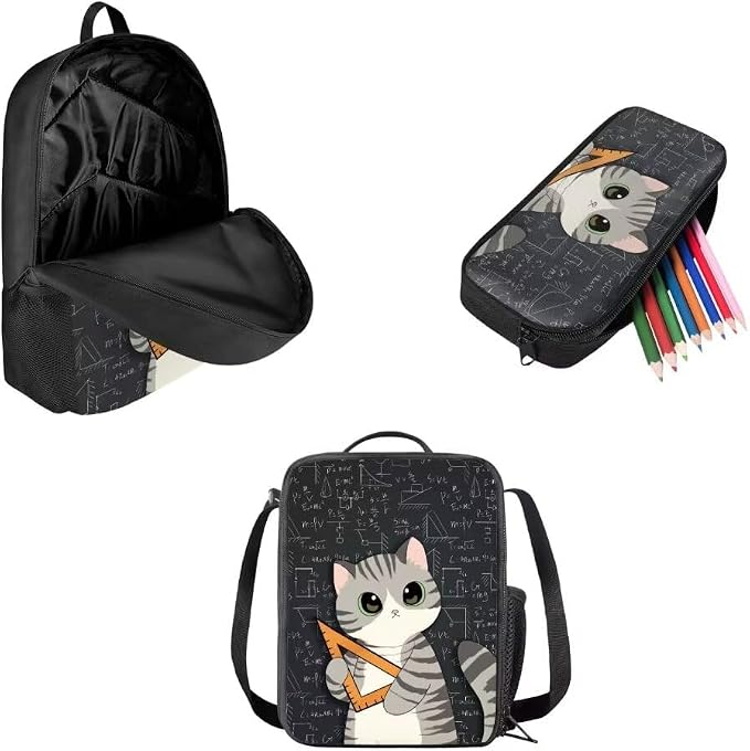 Mumeson Child Backpack Cartoon Cat Print Bookbag Rucksack Schoolbags for Teen Boys Back to School Book Bags Set T-Rex School Bags with Insulated Thermal Lunch Box and Portable Pencase - Image 2