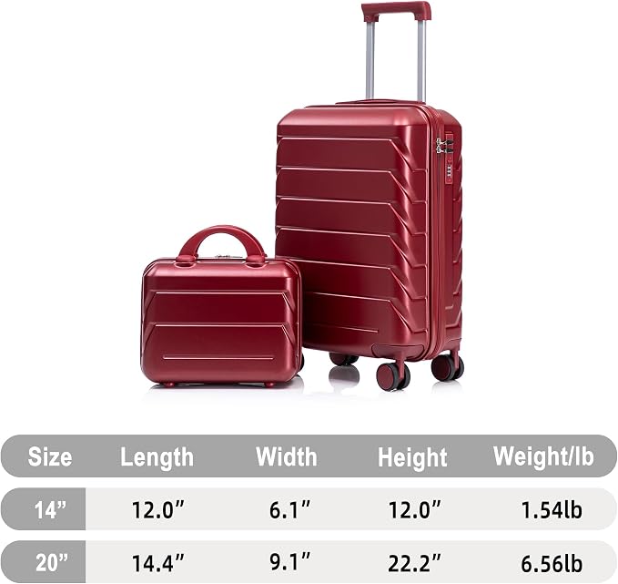Gradient Color Suitcase 2-Piece Set, 20" Rotating Wheel Suitcase with 14" Cosmetic Case, Lightweight Durable Hardshell Luggage with 360° Spinner Wheels for Travel, Women & Girls (Wine Red) - Image 9