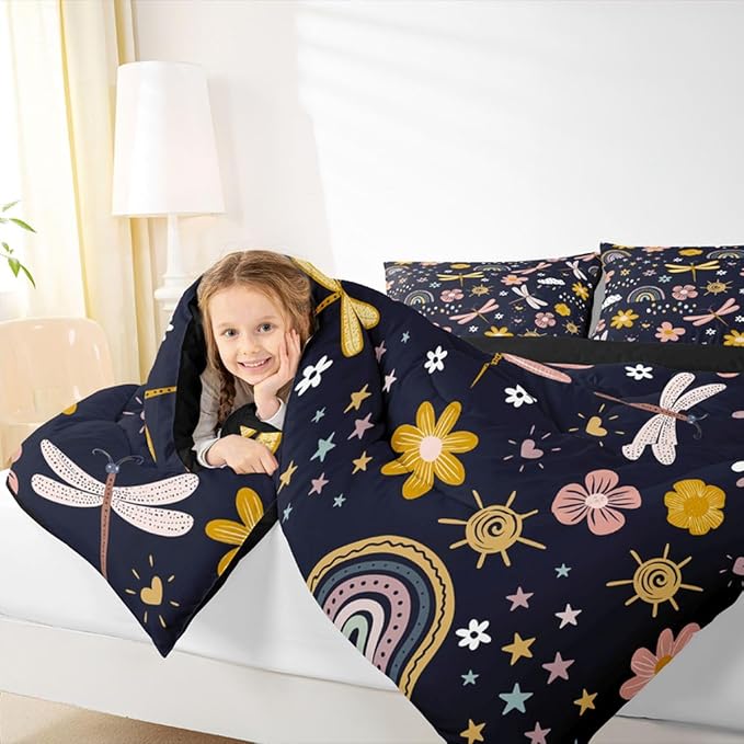 Erosebridal Rainbow Comforter Set, Cartoon Dragonfly Quilt Queen Size for Kids Girls Women Adult, Pink Flower Floral Duvet Insert Kawaii Iridescent Bedding Set 3Pcs with 2 Pillow Cases, Black Yellow - Image 6