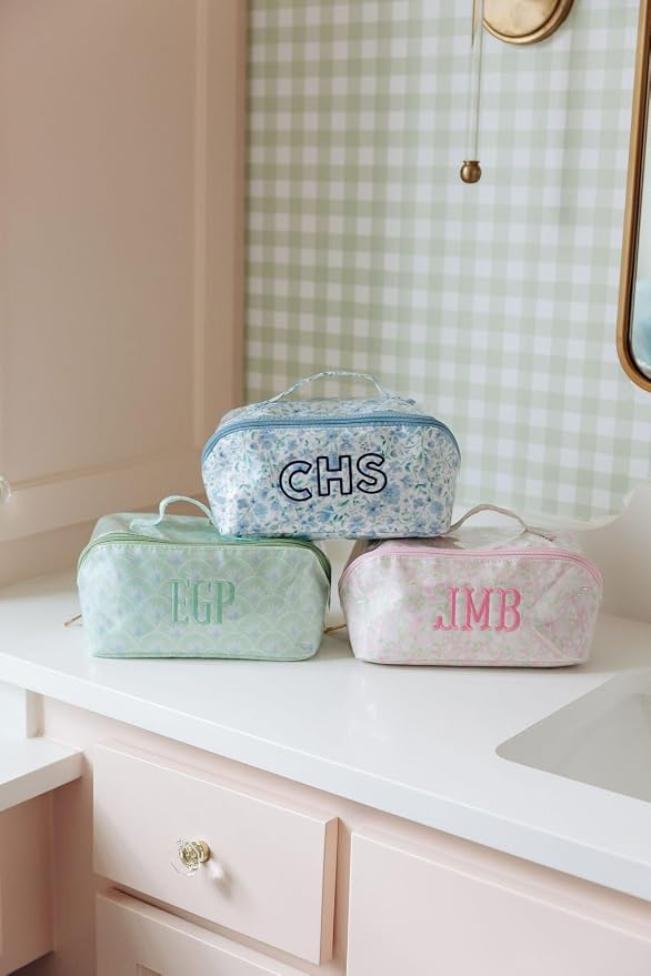 Personalized Flat Lay Makeup Bag - Clear-Coated Embroidered Cosmetic Organizer, Monogrammed Wide-Open Travel Pouch with Easy-Access Interior, Handmade Gift for Women (Peony) - Image 2