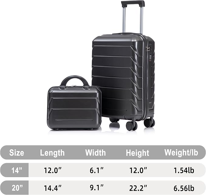 Gradient Color Suitcase 2-Piece Set, 20" Rotating Wheel Suitcase with 14" Cosmetic Case, Lightweight Durable Hardshell Luggage with 360° Spinner Wheels for Travel, Women & Girls (Dark Gray) - Image 8