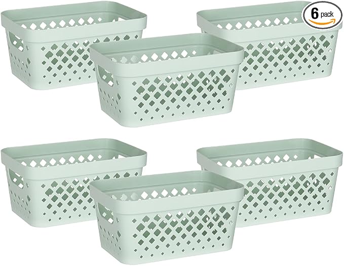 Glad Plastic Baskets for Organizing, Set of 6 | Pantry Storage for Under Counter, Linen Closet, and Bathroom | Nesting Shelf Bins with Handles, 1 Gallon, Sage by GladTrashFoodStorage