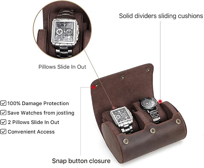 Hiram Leather Watch Roll Travel Case,Vintage Crazy Horse Leather 2-Slots Watch Box with Removable Velvet Pillows, Secure Metal Clasp, Perfect for Daily Display & Business Travel - Image 4