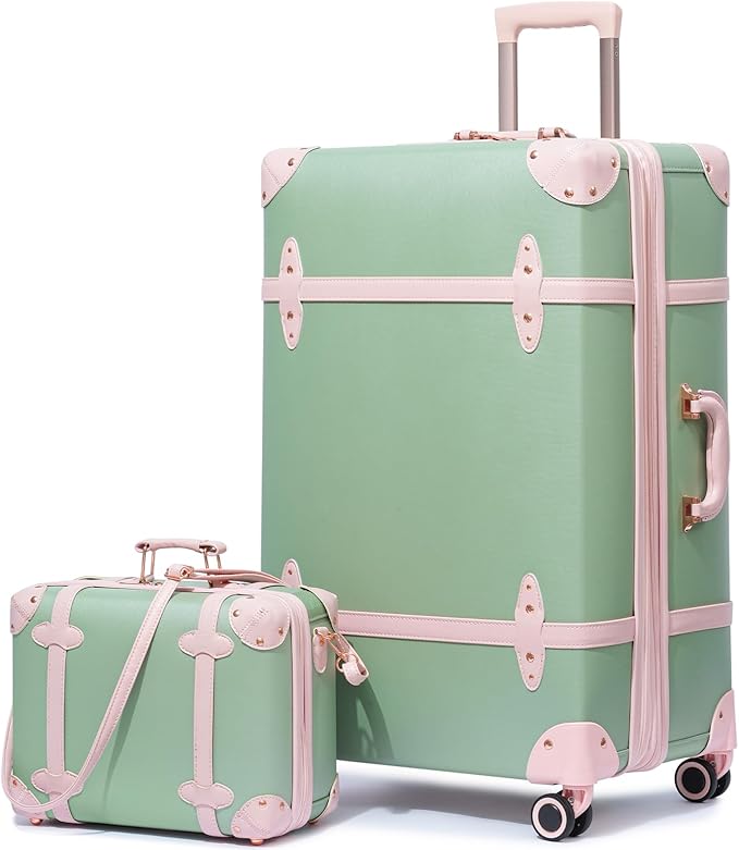 NZBZ Vintage Luggage Sets for Women Retro Suitcase Cute Vintage Expandable Luggage of 2 (Green with Pink, 14inch & 20inch) by NZBZ