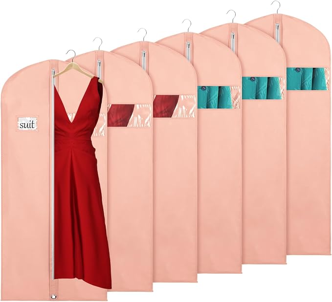 KEEGH Garment Bags for Hanging Clothes 60" (Set of 6) Dress Garment Bags for Storage Suit Bags for Closet with Zipper and Eye-Hole for Folding for Suit Coats Dresses, Pink by KEEGH
