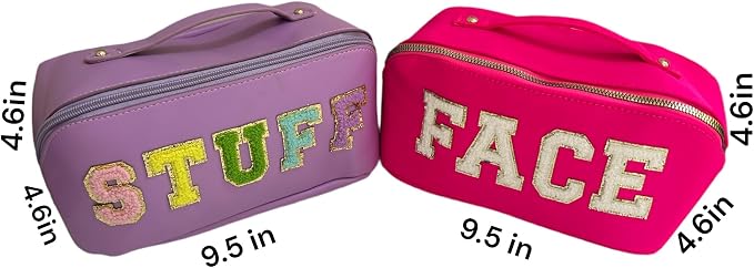 Chenille Letter Bags for Makeup- 2Pcs Set Face & Stuff Large Capacity Preppy Bags for Travel, Lay Flat Nylon & PU Leather Cosmetics Toiletry Makeup Bags (Hot Pink + Purple) - Image 3