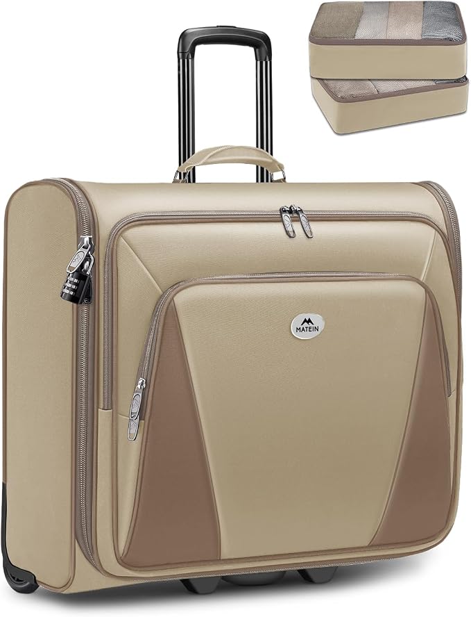 MATEIN Garment Bag with Wheels For Women, Large Wheeled Garment Bag, Khaki | For Hanging Clothes, 2 Packing Cubes, Softside, Foldable Travel Suit Carrier, Business Suitcase Luggage, Fits 17" Laptop - Image 9