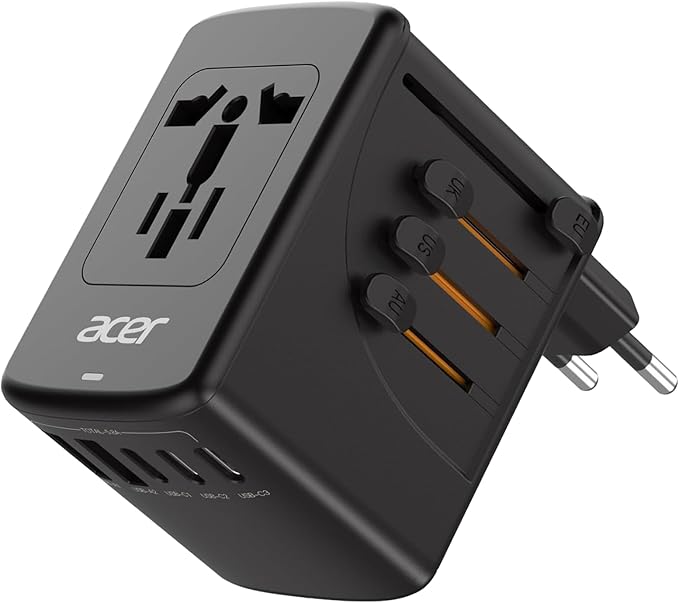 Acer Universal Travel Plug Adapter - International Power Adapter with 5 USB Ports (3 USB C) 5.8A, Worldwide Outlet Charger for USA to European UK France Germany Spain, Type C/E/F/G/I/L/A, Black