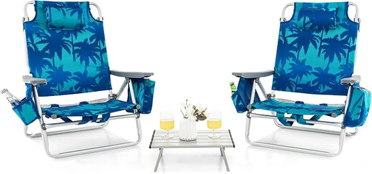 Giantex Folding Beach Chair, Patio Sling Chairs with 5 Adjustable Position, Head Pillow, Storage Bag, Towel Bar, Cup Holders, Backpack Chairs for Sunbathing, Camping Chair by Giantex