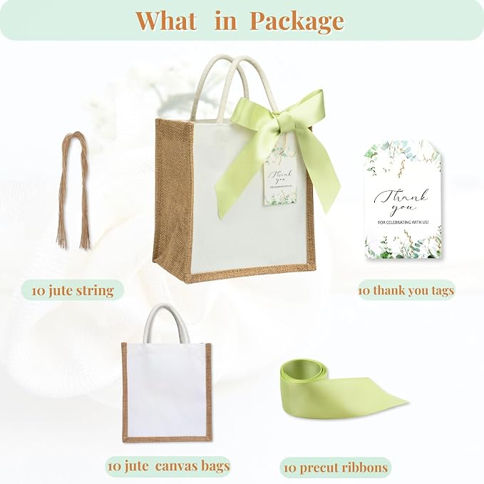 10 Pack Small Burlap Gift Bags with Light Green Ribbons for Bridesmaid, Wedding Welcome Reusable Jute Tote - Image 6