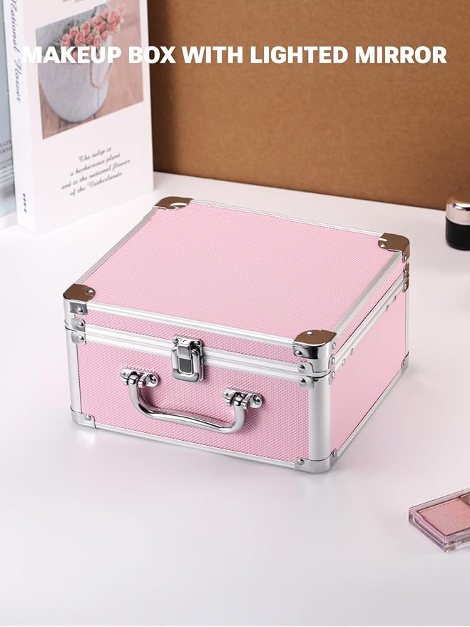 Qislee Makeup Box with Detachable Magnetic LED Mirror, Travel Train Case | Makeup Organizer, Cosmetic Travel Bag for Women, Adjustable Dividers, Brush Slots, Skincare Storage, Portable, Icy Pink - Image 7