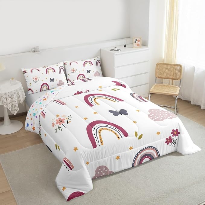 Erosebridal Rainbow Quilt for Kids, Kawaii Flower Comforter Set Cute Butterfly Duvet Insert Full Size for Girls Boys Children Bedroom Decor, Hand Drawn Iridescent Bedding Set with 2 Pillow Cases - Image 4