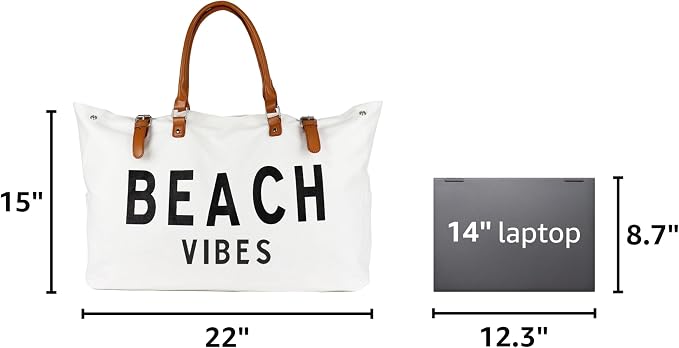 Lamyba Beach Bag with Vegan Leather Handle, Extra Large Beach Bag for Women Waterproof Sandproof, White | with Vegan Leather Handle - Image 3