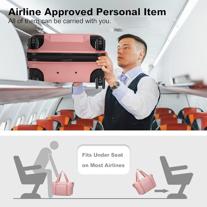 Kono Suitcase Set 2 Piece Carry On with Tote Bag | Lightweight PC+ABS Hardside Luggage with TSA Lock Spinner Wheels Nude/Rose Pink - Image 3