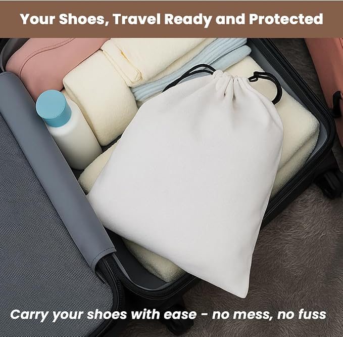 LFH Cotton Rich Shoe Storage Bags with Drawstring, Dustproof Breathable Reusable Organizer, Perfect For Travel, Dorm, Hotel, College, Gym, Easy to Carry, Machine Washable 8"x17" (Pack of 2) - White - Image 2