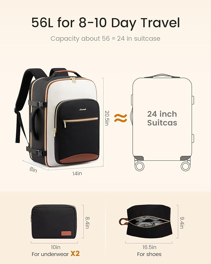 LOVEVOOK 56L Travel Backpack for Women & Men, Airline Approved Carry On Luggage with 3 Packing Cubes, TSA Overnight Bags, Waterproof Personal Item Bag, Weekender Essentials Backpacks fits 17" Laptop - Image 5