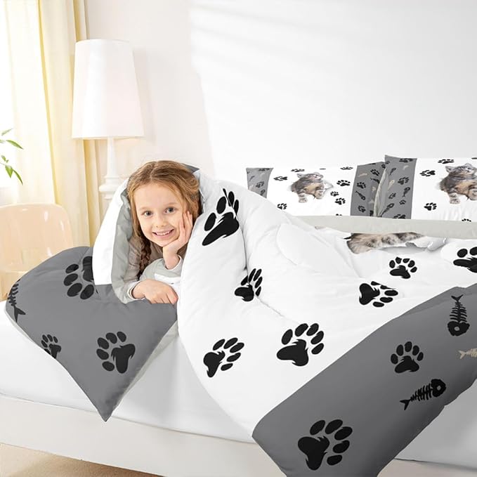Erosebridal Kids Cat Comforter Set King,3D Cute Kawaii Cat Bedding Set Lovely Animal Kitten Paw Print Down Comforter Boys Cat Lovers' Bedroom,Fish Bone Decor Quilt Duvet Set 2 Pillow Cases, Multi 75 - Image 5