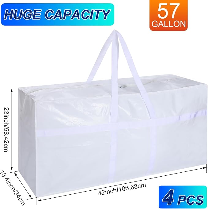 Windyun 4 Pack 57 Gallon Extra Large Moving Bags XXL Heavy Duty Storage Bag with Strong Zipper Handle Jumbo Big Tote Box Foldable for College Dorm Travel Clothes Duffle Blanket Pillow(White) - Image 2